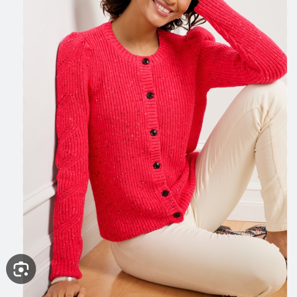 Talbots PUFF SLEEVE CARDIGAN TWEED Sweater Sz 1X Button Red Pink preppy